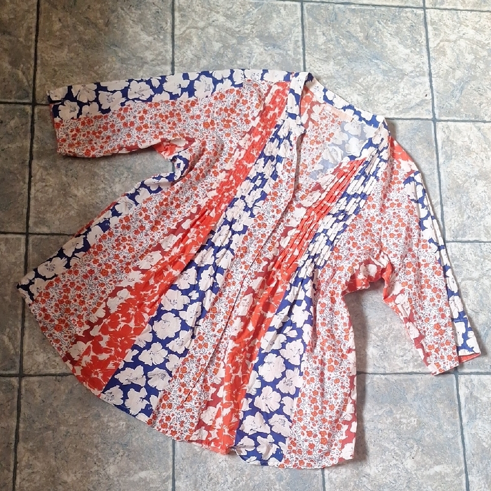 LA Cera Cotton Orange Blue Floral Button Down Tunic Size 2X - Picture 1 of 9